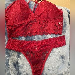 Lingerie Set Sz Large Maroon Lace Bralette Bra Matching  Thong Panties Waist Fit